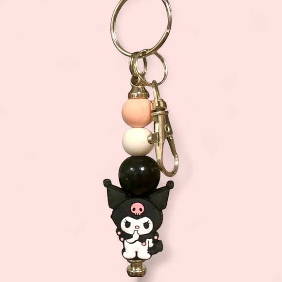 Kuromi Black Pink Beaded Keychain, Bag, Backpack Charm hello Kitty family Sanrio - Picture 2 of 4
